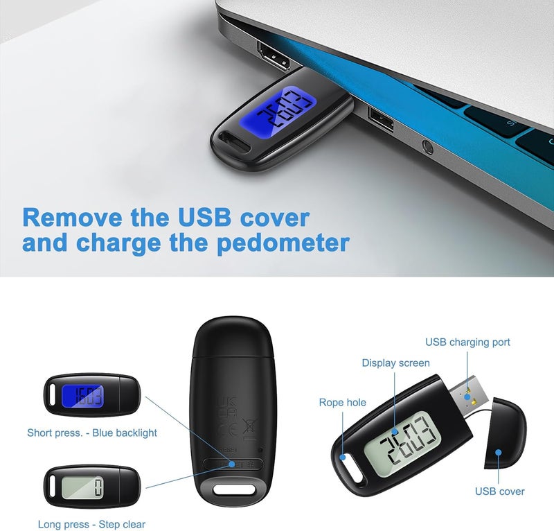 AMIR 3D Pedometer for Walking, Step Counter with LED Backlight, Step Tracker with Removable Clip Lanyard, USB Charging, Accurately Step Counter for Walking for Men, Women, Elderly - Image 3